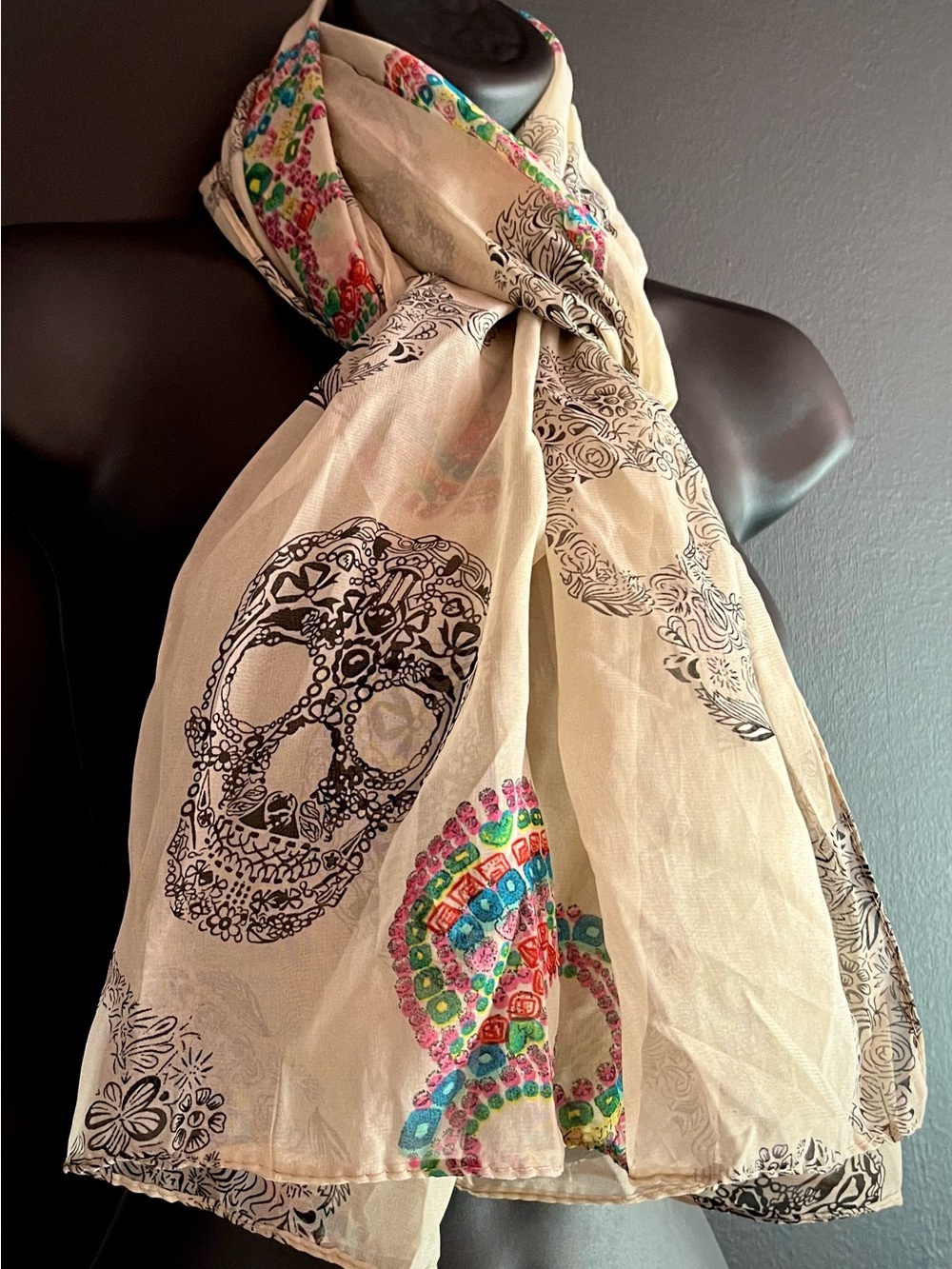 Beige Skull Print Scarf with Multicolor Accents - Fashionable Wrap